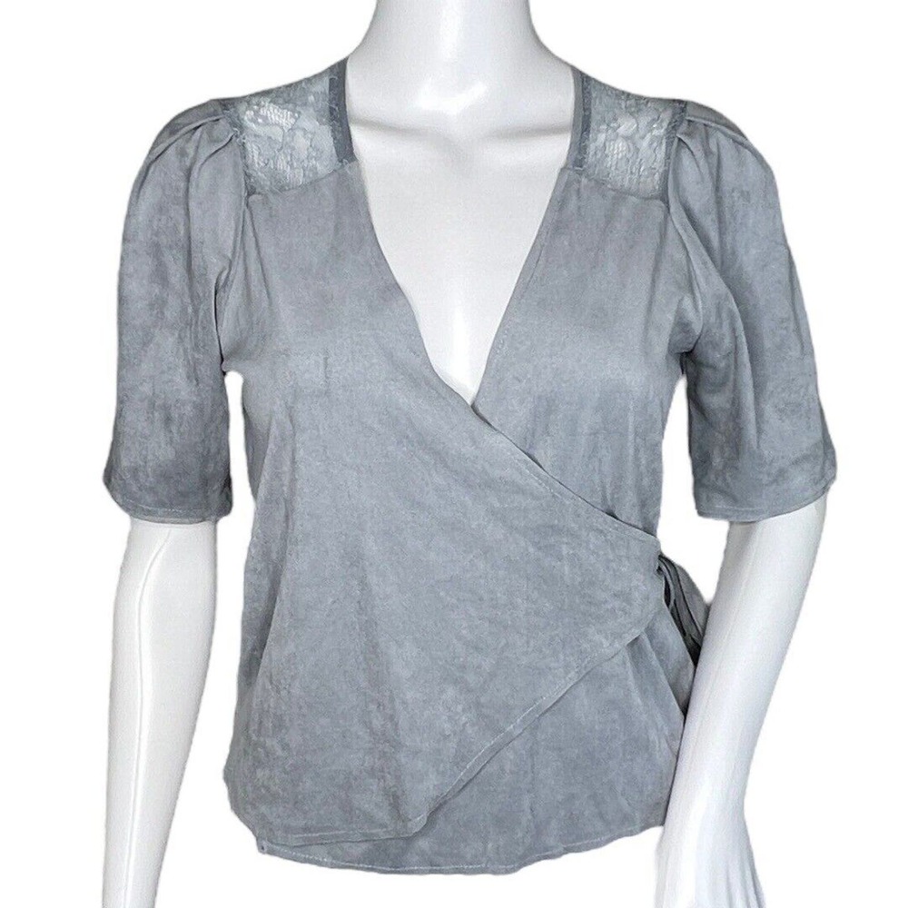 Zara Shirt Women Extra Small Gray Basic Collection Wrap Top Lace Back Microfiber